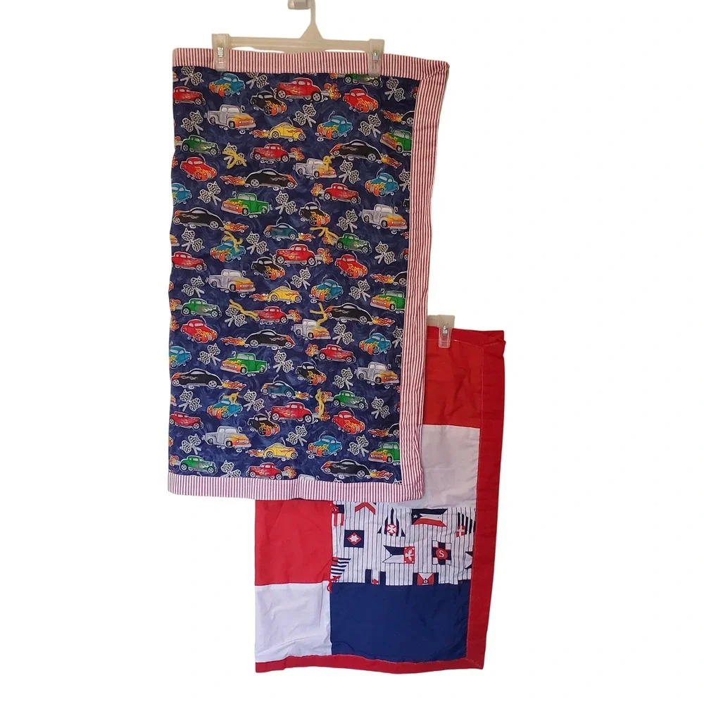 Lot of 2 Handmade Baby Quilts Hot Rod Racing Cars and Nautical Patchwork Navy